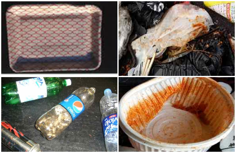 오염된 스티로폼, 음식물이 뭍은 비닐 및 플라스틱용기, 쓰레기가 들어있는 페트병 등 이미지