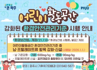 시민중심 더 큰 파주 / 파주시로고 / 어린이 활동공간 / 강화된 환경안전관리기준 시행 안내 / 환경보건법 개정(21.7.6.) / 환경보건법 시행령, 별표2 개정 / 어린이 활동공간 환경안전관리기준 중 납,프탈레이트류 항목 강화, 신설 / 시행일 2026.1.1. / 납 기준강화: (기준) 600mg/kg 에서 (변경) 90mg/kg / 프탈레이트류 신설: 표면재료의 총ㅎ함량이 0.1퍼센트 이하일 것 / 문의 파주시 기후위기대응과 031-940-5873