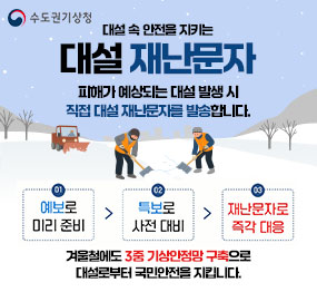 수도권기상청 / 대설속안전을지키는 대설 재난문자 / 피해가 예상되는 대설 발생 시 직접 대설 재난문자를 발송합니다. / 예보로 미리 준비 / 특보로 사전대비 / 재난 문자로 즉각대응 / 겨울철에도 3중 기상안정망 구축으로 대설로부터 국민안전을 지킵니다
