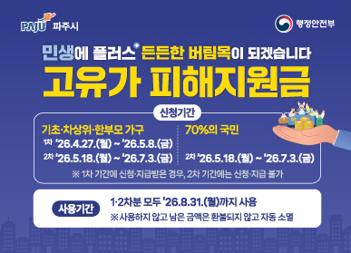 민생에 플러스 든든한 버팀목이 되겠습니다. 고유가 피해지원금, 신청기간 기초·차상위·한부모 가구 : 1차 26년 4월 27일(월) ~ 26년 5월 8일(금), 2차:26년 5월 18일~ 7월3일(금), 70%의 국민 2차:26년 5월 18일~ 7월3일(금). ※ 1차 기간에 신청·지급받은 경우, 2차 기간에는 신청·지급 불가