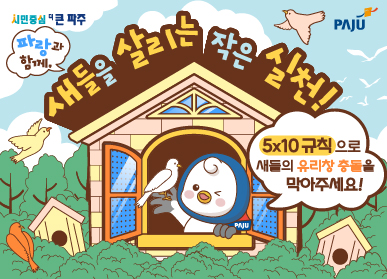새들을 살리는 작은 실천 ! / 5x10 규칙으로 새들의 유리창 충돌을 막아주세요! / 파랑과 함께 / 파주시로고
