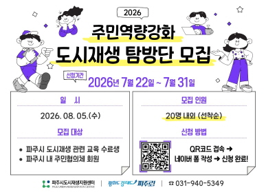 2026 주민역량강화 도시재생 탐방단 모집 / 신청기간 2026 7월 22일 ~ 7월 31일 / 일시: 2026.8.5.수요일 / 모집대상: 파주시 도시재생 관련 교육 수료생 / 파주시 내 주민협의체 회원 / 모집인원: 20명 내외(선착순) / 신청방법: QR코드 접속 , 네이버폼 작성, 신청완료 / 031-940-5349