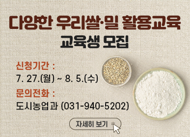 다양한 우리쌀 밀 활용교육 교육생 모집 / 신청기간: 7.27.(월요일) ~ 8.5.(수요일) / 문의전화: 도시농업과 031-940-5202)