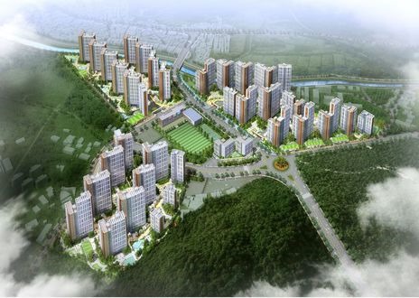 연풍교 아래 지역에 건설되는 파주1-3재개발 조감도. 그림 위쪽에 보이는 개천이 갈곡천이다. (출처: 무궁화신탁)