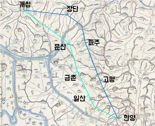현재의 북행길(연두색)과 조선시대의 의주행로(파란색)는 달랐다.