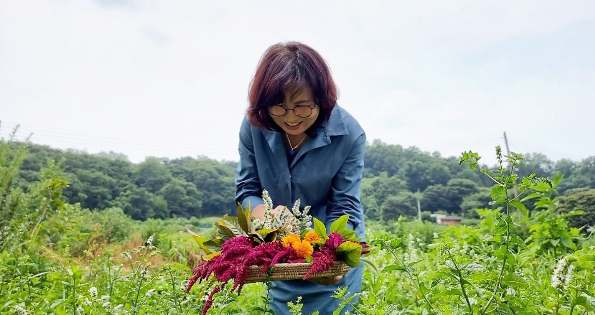 집 앞뜰에서 꽃을 채취하고 있는 김인자 사범