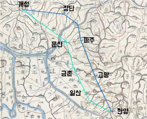 의주로 가는 길의 과거(파란색)와 현재(연두색)