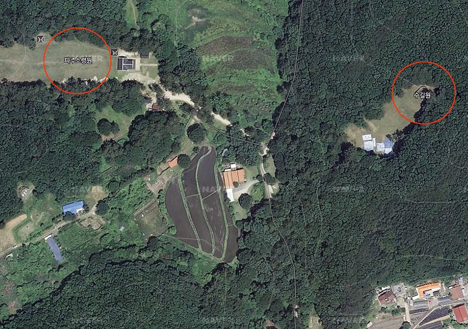 소령원과 수길원이 얼마나 가까이 있는지 보여주는 위성사진(출처: 네이버)