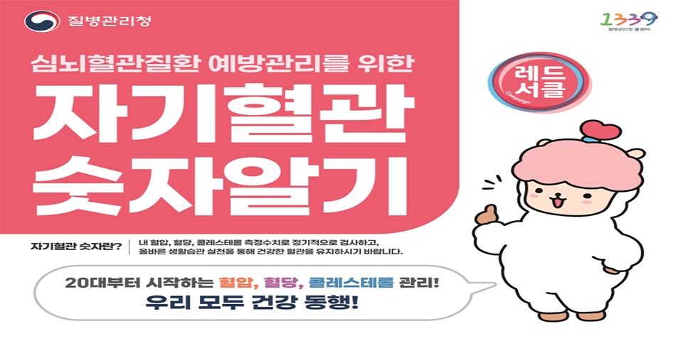 심뇌혈관질환 예방관리를 위한/자기혈관/숫자알기/자기혈관 숫자란?/내 혈압, 혈당, 콜레스테롤 측정수치로 정기적으로 검사하고,/올바른 생활습관 실천을 통해 건강한 혈관을 유지하시기 바랍니다./20대부터 시작하는 혈압, 혈당, 콜레스테롤 관리!/우리 모두 건강 동행!